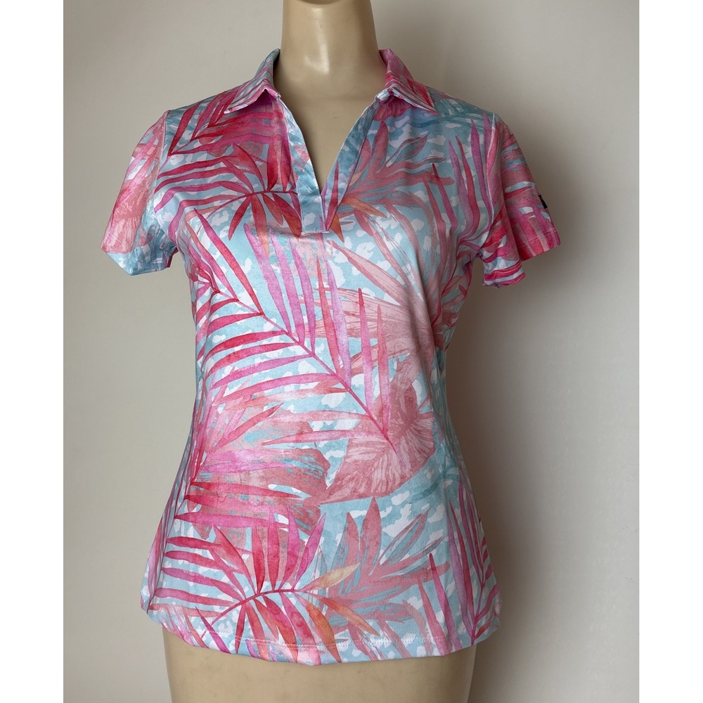 YATTA GOLF Womens Small Short Sleeve Polo Golf Top Pink Blue leaves New
